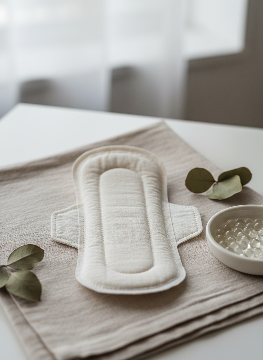A close-up of a single eco-conscious sanitary pad in pristine, unbleached organic cotton, its texture clearly visible, placed elegantly on a folded, sand-colored linen cloth. Around it are small, carefully scattered dried eucalyptus leaves and a smooth white ceramic dish holding translucent plant-based absorbent beads. Diffused overcast window light washes the scene in soft brightness, minimizing harsh shadows and emphasizing cleanliness. The background gently fades out of focus, creating a shallow depth of field. Photographic realism, eye-level macro composition, minimal and professional, highlighting both comfort and the product’s gentle impact on the planet.