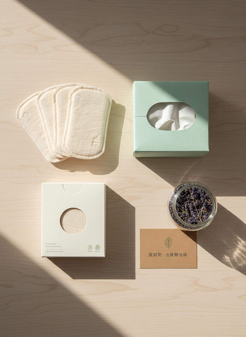 A neatly arranged flat lay of eco-friendly sanitary products, including pale beige organic cotton pads, minimalist off-white biodegradable packaging, and a soft mint-green tissue box made from recycled paper. They rest on a clean, light wood surface beside a clear glass jar of dried lavender and a small recycled-paper card printed with a delicate leaf icon and the words “照顧妳，也照顧地球” in subtle grey. Soft morning daylight from the left creates gentle, natural shadows and a calm, hygienic feeling. Photographic realism with a clean, modern aesthetic, shot from a bird’s-eye view with sharp focus and plenty of white space, conveying professional, trustworthy sustainability.