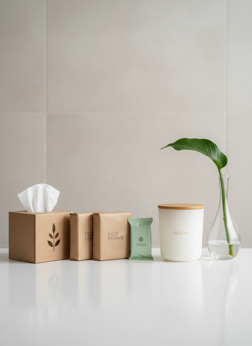 A line of coordinated eco hygiene products arranged in a gentle arc: recycled-paper tissue box, kraft-paper wrapped sanitary pads, a slim biodegradable pantyliner pack, and a simple white reusable storage container made from plant-based bioplastic. They are set on a matte white countertop beside a single, elegant glass vase holding one green leaf, with a blurred background of neutral-toned bathroom tiles. Soft studio lighting from above and slightly to the right creates clean highlights and faint, controlled shadows. Photographic realism, shot from a slightly elevated angle with rule-of-thirds composition, conveying a professional, premium brand dedicated to both personal care and environmental responsibility.