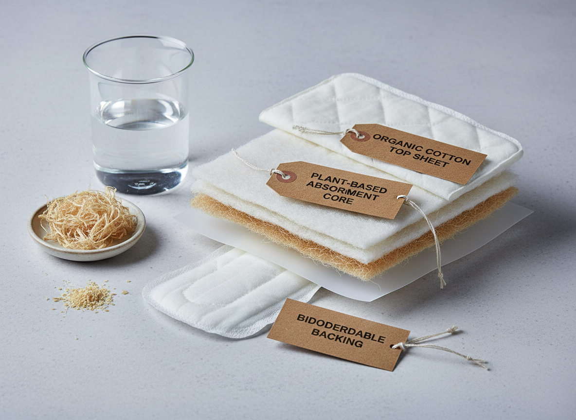 An educational, eco-focused still life showing a sanitary pad cutaway model made of layered organic cotton and plant-based absorbent material, each layer separated and labeled with small, elegant recycled-paper tags. The components are arranged on a smooth, light stone surface, accompanied by a beaker of clear water and a small dish of raw plant fibers. Cool, diffused studio lighting creates even illumination and clinical clarity without feeling harsh. Photographic realism, shot from a slightly elevated angle with sharp focus across the frame. The mood is professional, transparent, and innovative, clearly communicating how the product cares for users while minimizing environmental impact.