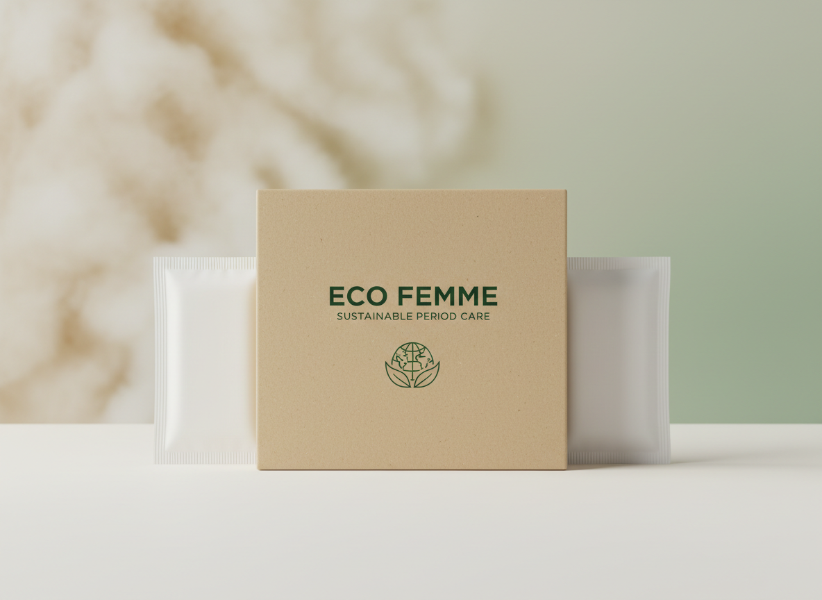 A detailed product hero shot of a main sanitary pad box made from smooth, high-quality recycled kraft paper, printed with refined dark green typography and a discreet illustration of a globe cradled by a leaf. The box stands centered on a matte off-white surface, flanked by two discrete, unbranded white product sachets. Behind it, an out-of-focus abstract backdrop in soft beige and sage gradients suggests natural fibers. Soft studio lighting from both sides creates balanced, professional illumination and subtle, crisp shadows. Photographic realism with a clean, modern, corporate aesthetic, eye-level composition, presenting a trustworthy brand that protects both women and the environment.