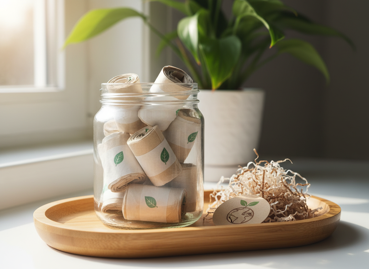 A transparent glass jar filled with tightly rolled, unused eco sanitary products in soft white and light beige tones, each wrapped in minimalist recycled paper bearing a tiny green leaf icon. The jar sits on a pale bamboo tray alongside a small pile of shredded recycled paper and a round tag stamped with an earth symbol. In the softly blurred background, a potted plant with rich green leaves rests on a windowsill. Gentle, diffused morning light filters in, illuminating fine details and casting a calm, eco-friendly atmosphere. Photographic realism, close-up composition with shallow depth of field, emphasizing sustainability and meticulous hygiene.