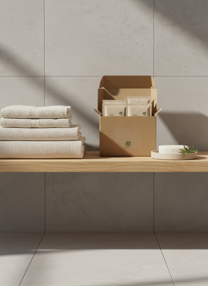 A serene bathroom shelf scene featuring a stack of neatly folded, pale cream organic cotton towels, beside an open recycled cardboard box displaying individually wrapped eco sanitary pads made from unbleached fibers. A small sand-colored ceramic tray holds a bar of plant-based soap and a sprig of fresh rosemary. Natural afternoon light streams through an unseen window, casting a soft, warm glow and subtle elongated shadows across smooth, light grey stone tiles. Photographic realism with a clean, minimalist, spa-like aesthetic, framed at eye level with moderate depth of field, evoking a sense of quiet, professional care for body and earth alike.