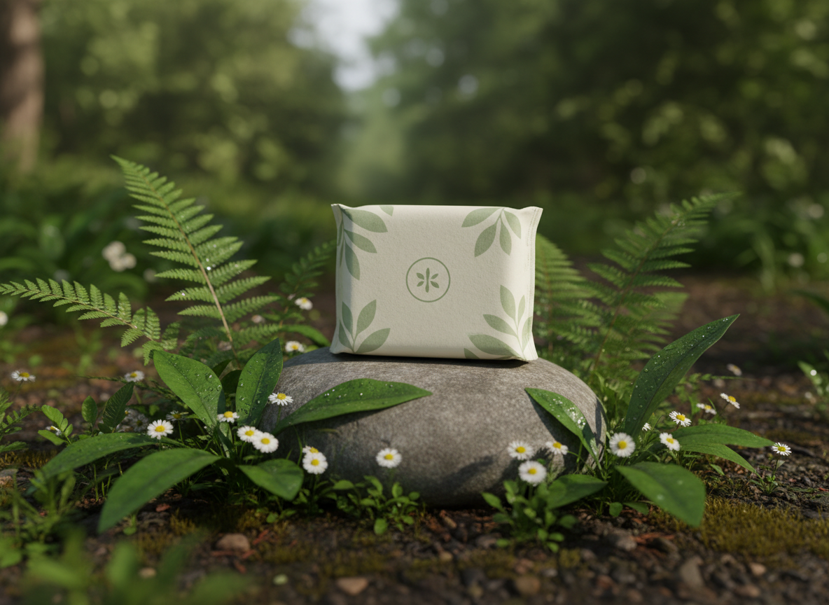 A nature-integrated product scene where a sealed, minimalist pack of eco sanitary pads in soft white and muted green tones rests on a large, smooth river stone, surrounded by fresh green leaves and tiny white wildflowers. The natural ground is a subtle mix of damp earth and moss. Gentle, filtered forest daylight creates delicate highlights on the packaging and soft, organic shadows among the leaves. Photographic realism with a natural, organic aesthetic, shot from a low, slightly angled perspective, with shallow depth of field that blurs the surrounding foliage. The atmosphere is serene and pure, symbolizing harmony between intimate care and the earth.